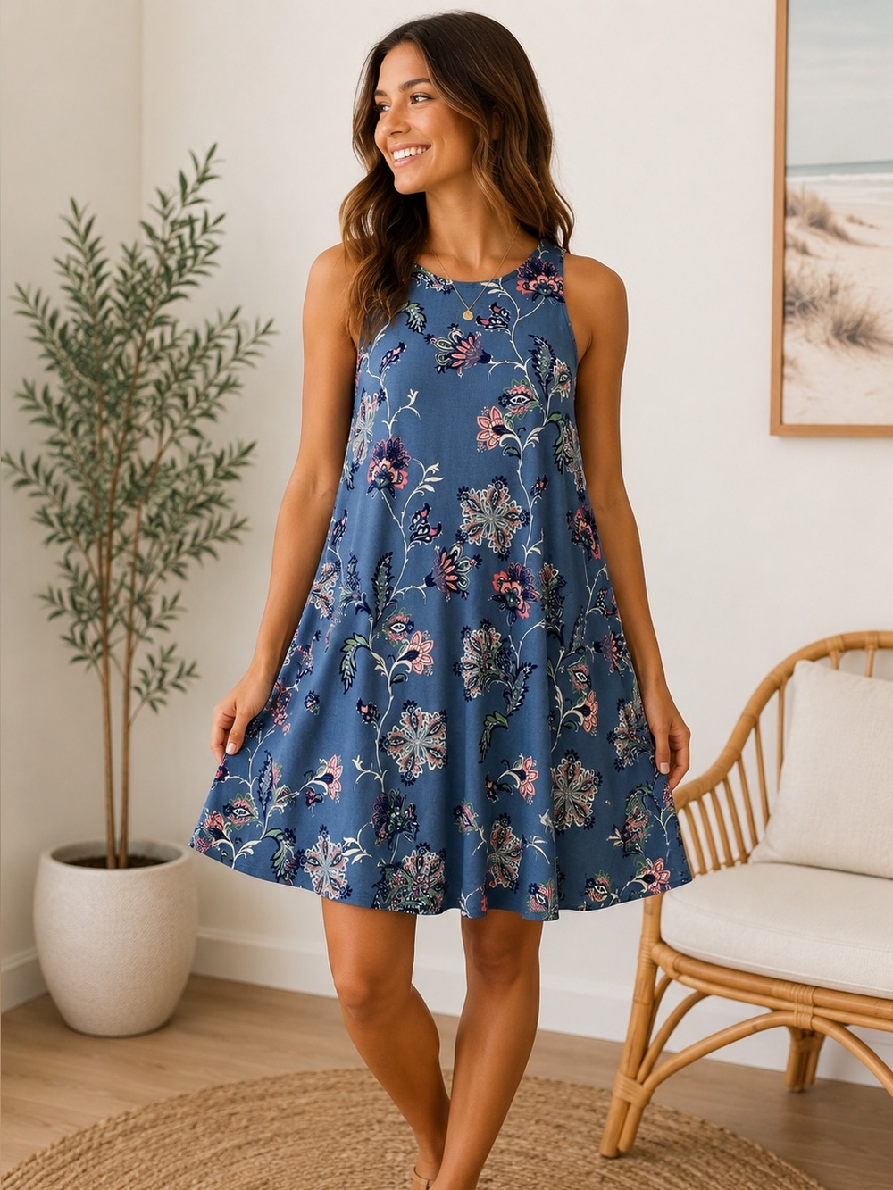 Derek Heart Blue Floral Resortwear Sleeveless Comfy Swing Dress Keyhole Back SzS